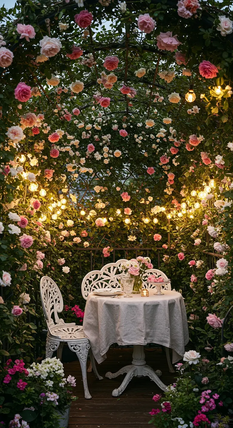Mesa para dos bajo un arco florecido de rosas rosas y blancas, iluminado con guirnaldas de luces.