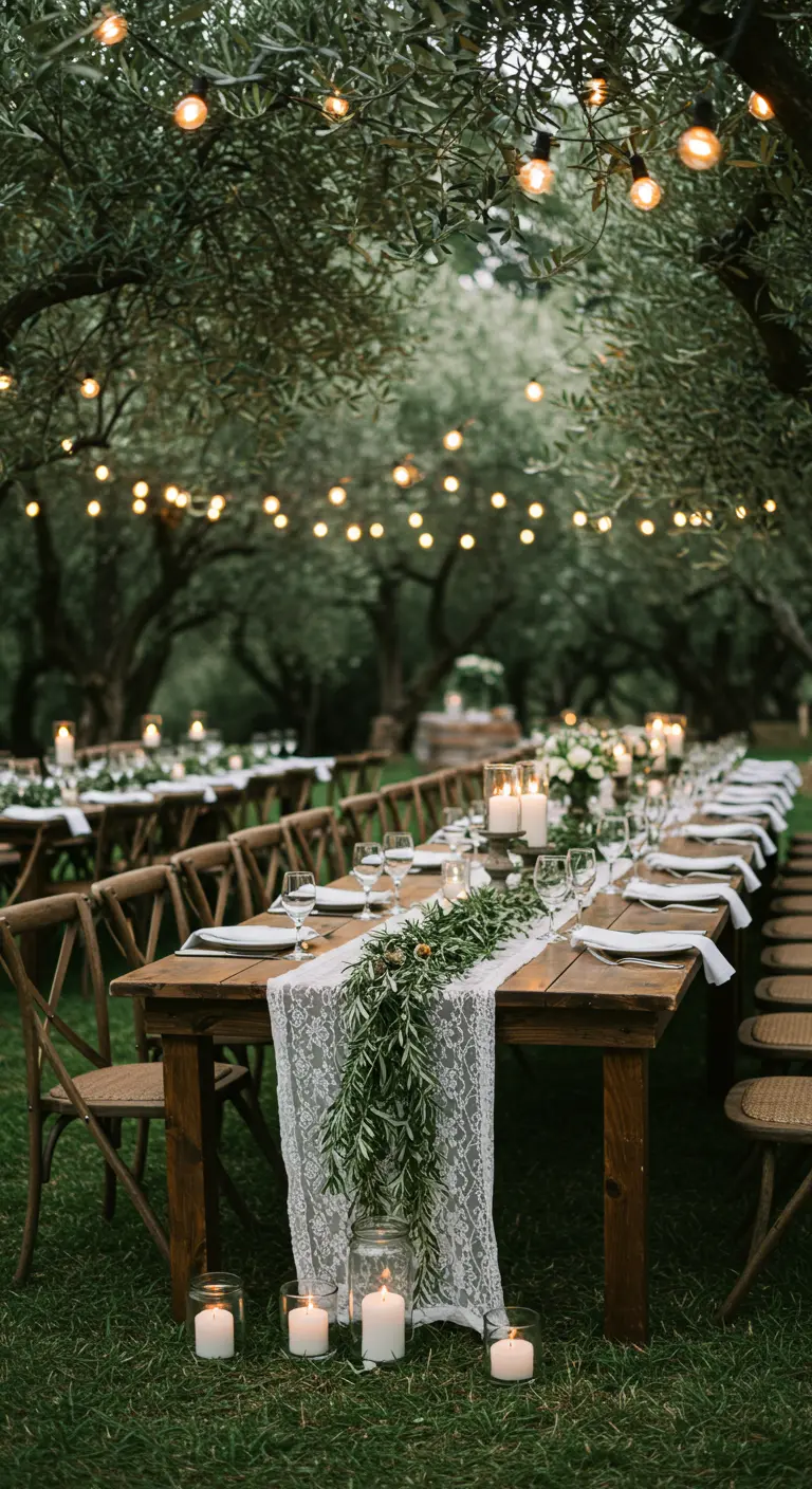 Mesa de boda en un olivar con camino de encaje y ramas de olivo.