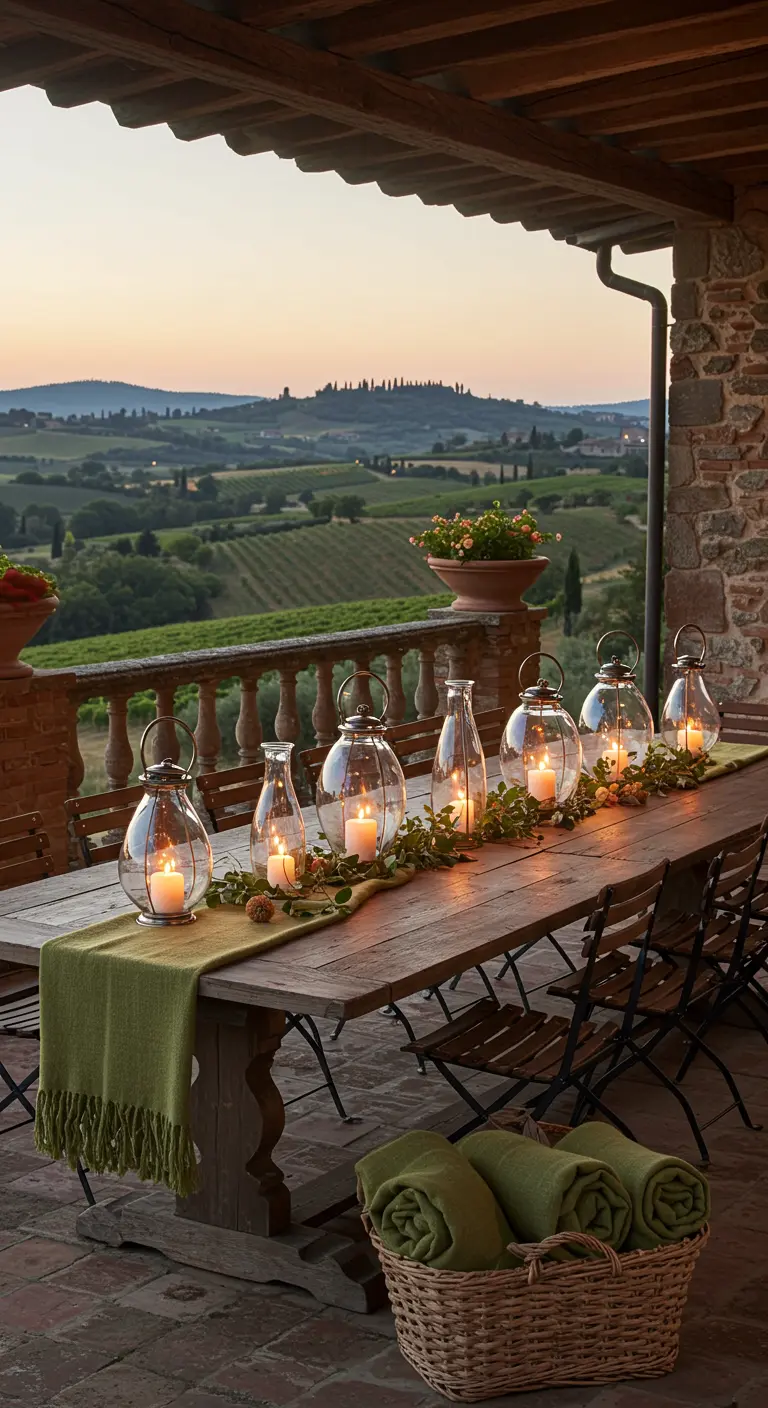 Larga mesa de madera en una terraza con vistas a la Toscana, decorada con un camino de faroles y ramas.