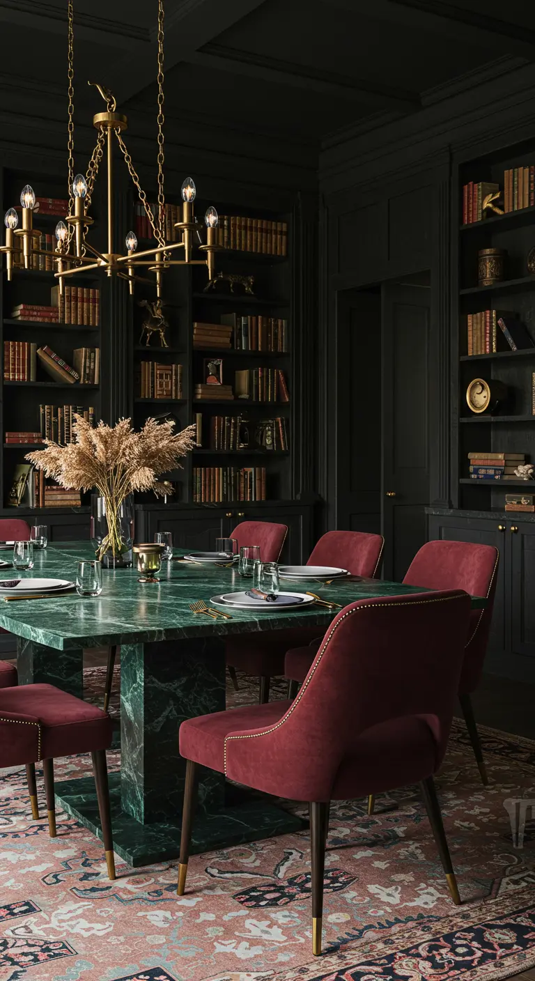Comedor estilo biblioteca con paredes oscuras, sillas de terciopelo burdeos y mesa de mármol verde