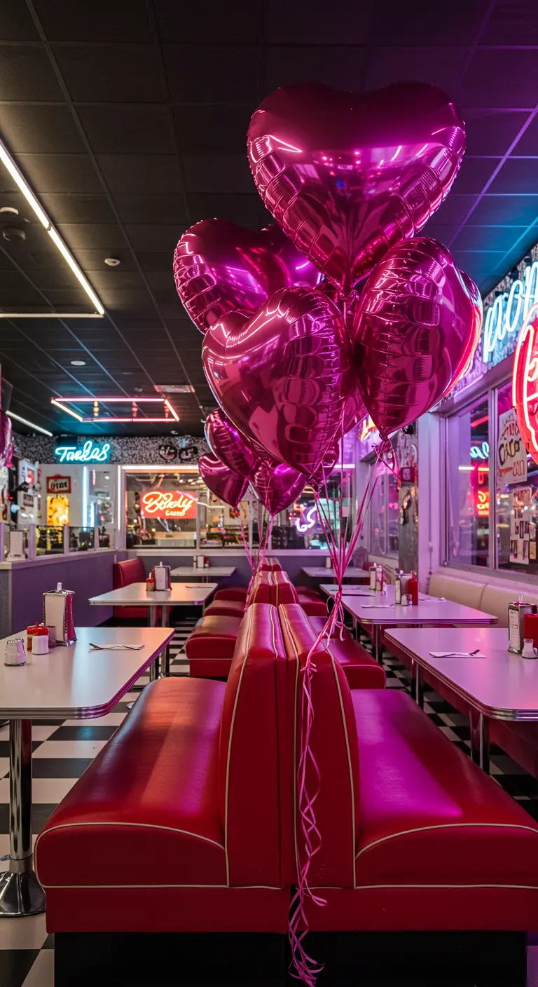 Ramo de globos fucsia en forma de corazón en un restaurante de estilo americano.