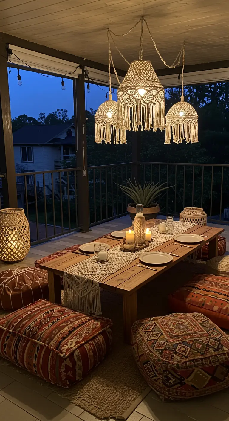 Comedor exterior con mesa baja, cojines en el suelo y lámparas colgantes de macramé.