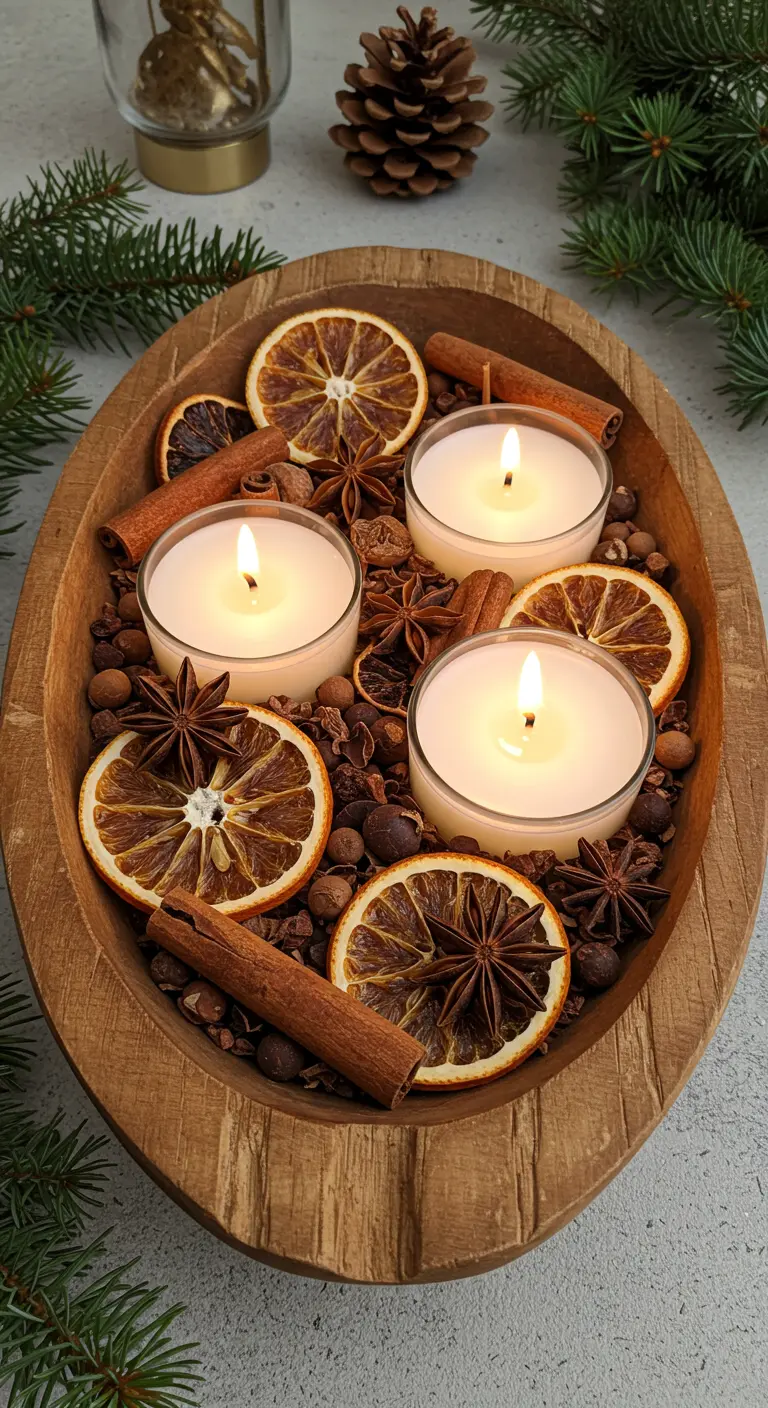 Centro de mesa en cuenco de madera con velas de té, naranjas secas y especias.