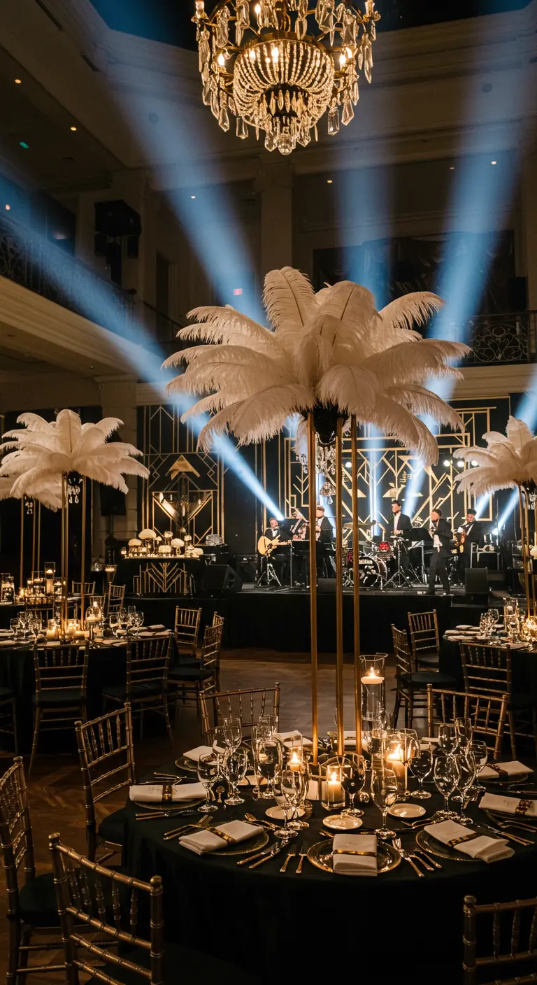 Centros de mesa altos con plumas de avestruz blancas en una fiesta estilo años 20.