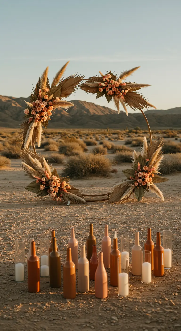 Altar de boda bohemio en el desierto con botellas pintadas en tonos tierra y velas.