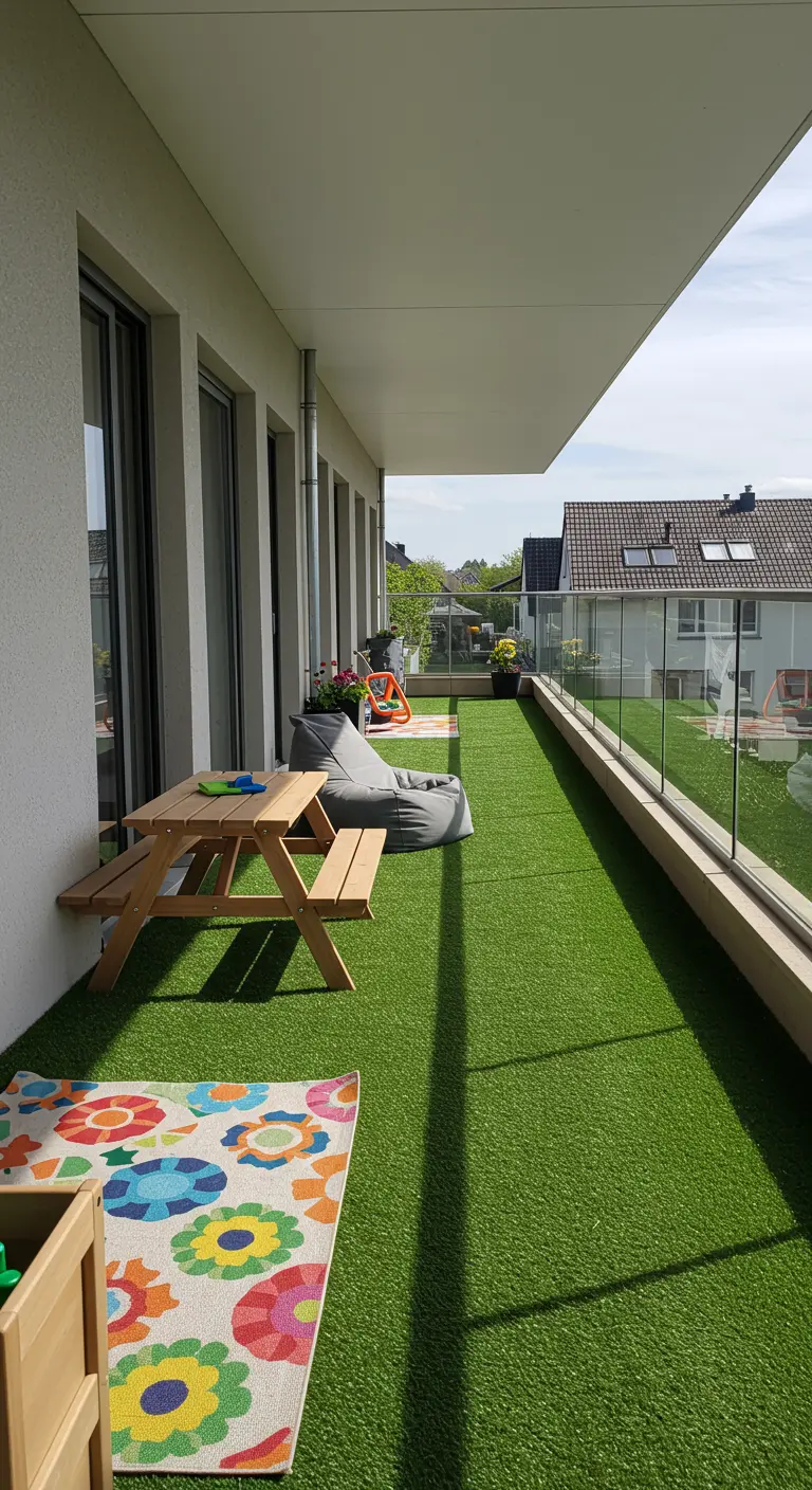 Balcón largo y estrecho cubierto de césped artificial con muebles infantiles
