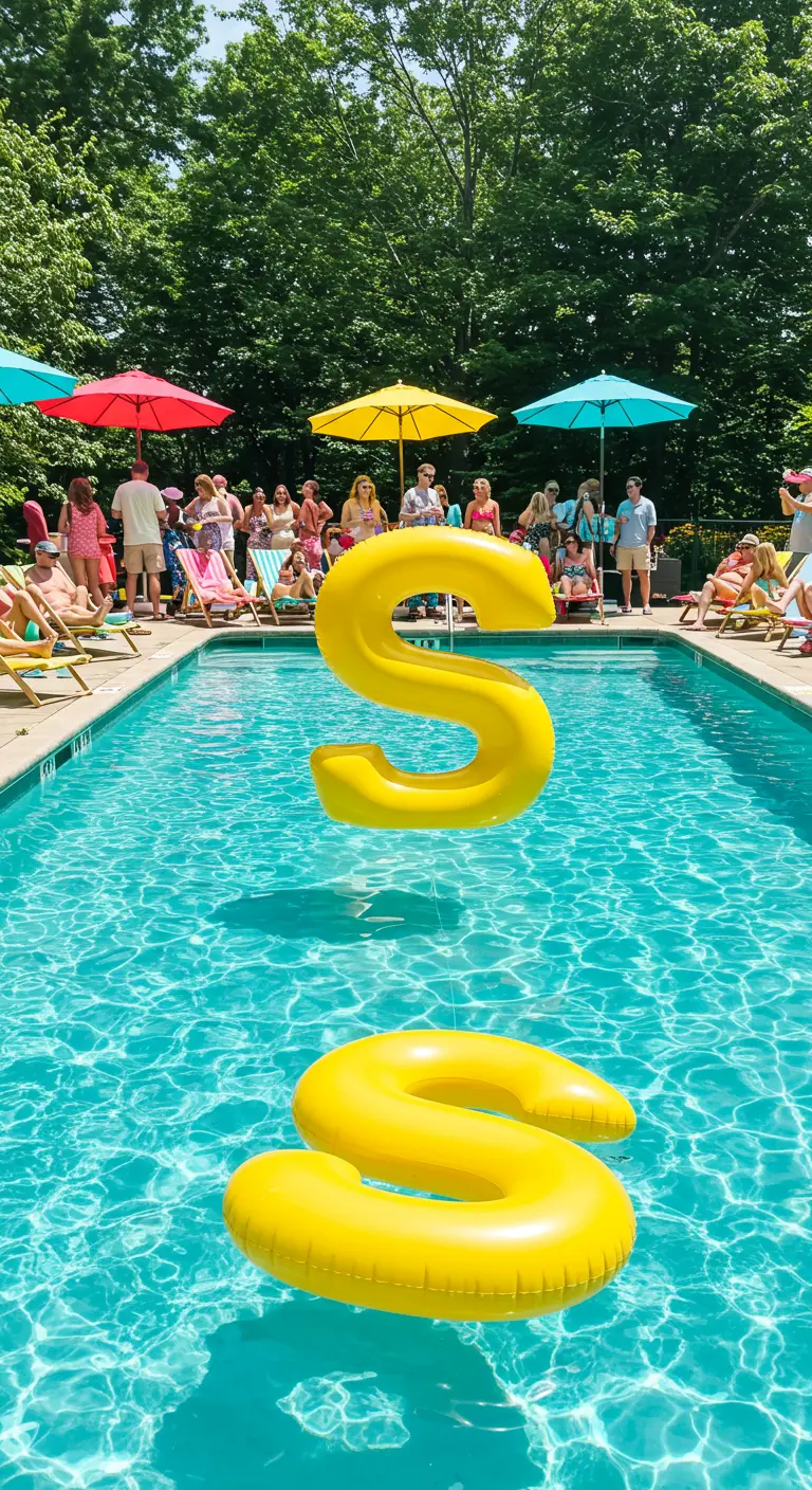 Dos letras 'S' inflables amarillas flotando en una piscina durante una fiesta.
