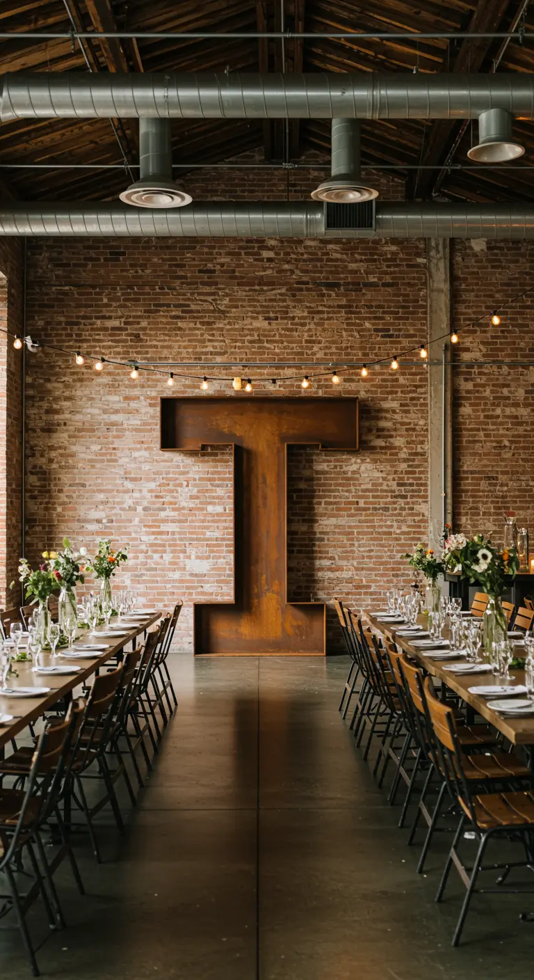 Letra 'T' gigante de metal oxidado contra una pared de ladrillo en un espacio industrial.