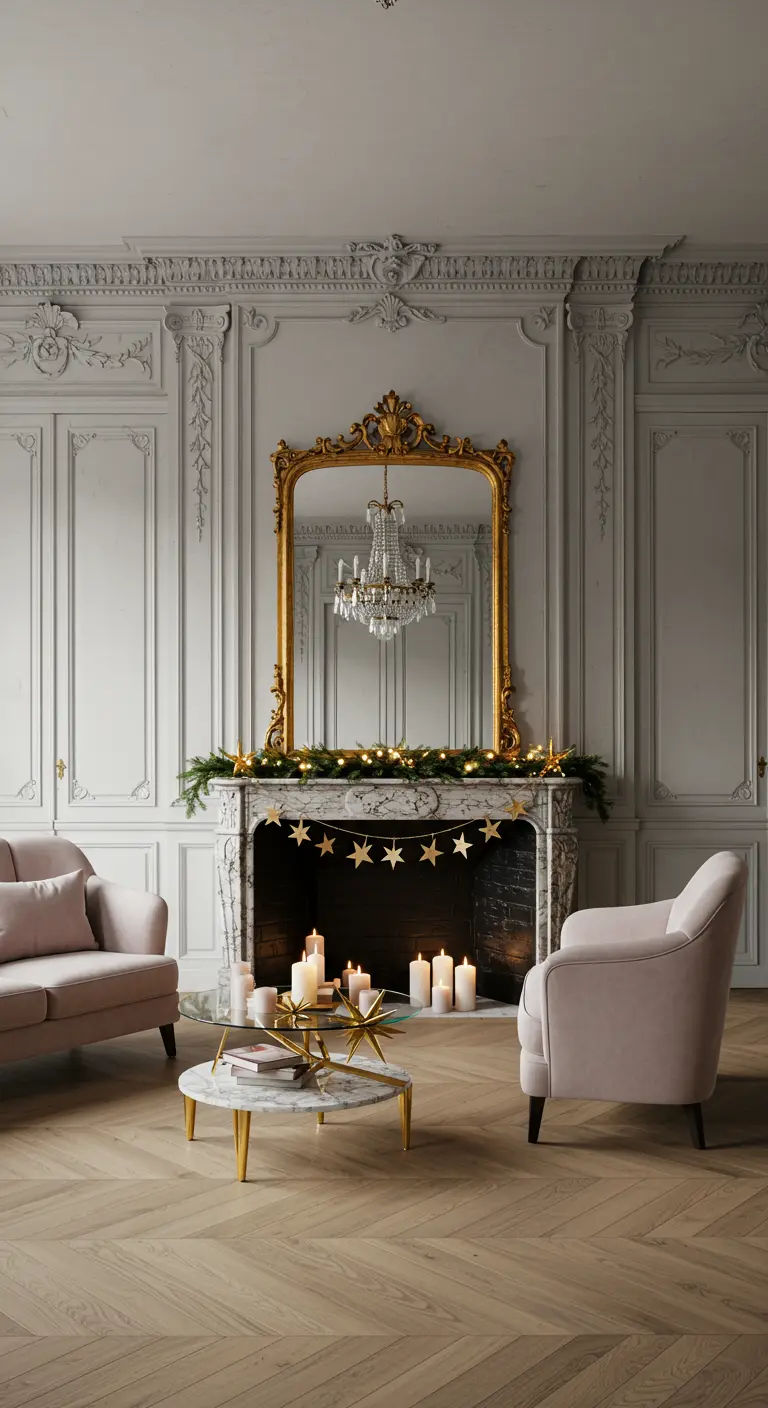 Salón parisino con chimenea de mármol decorada con una sencilla guirnalda de estrellas.