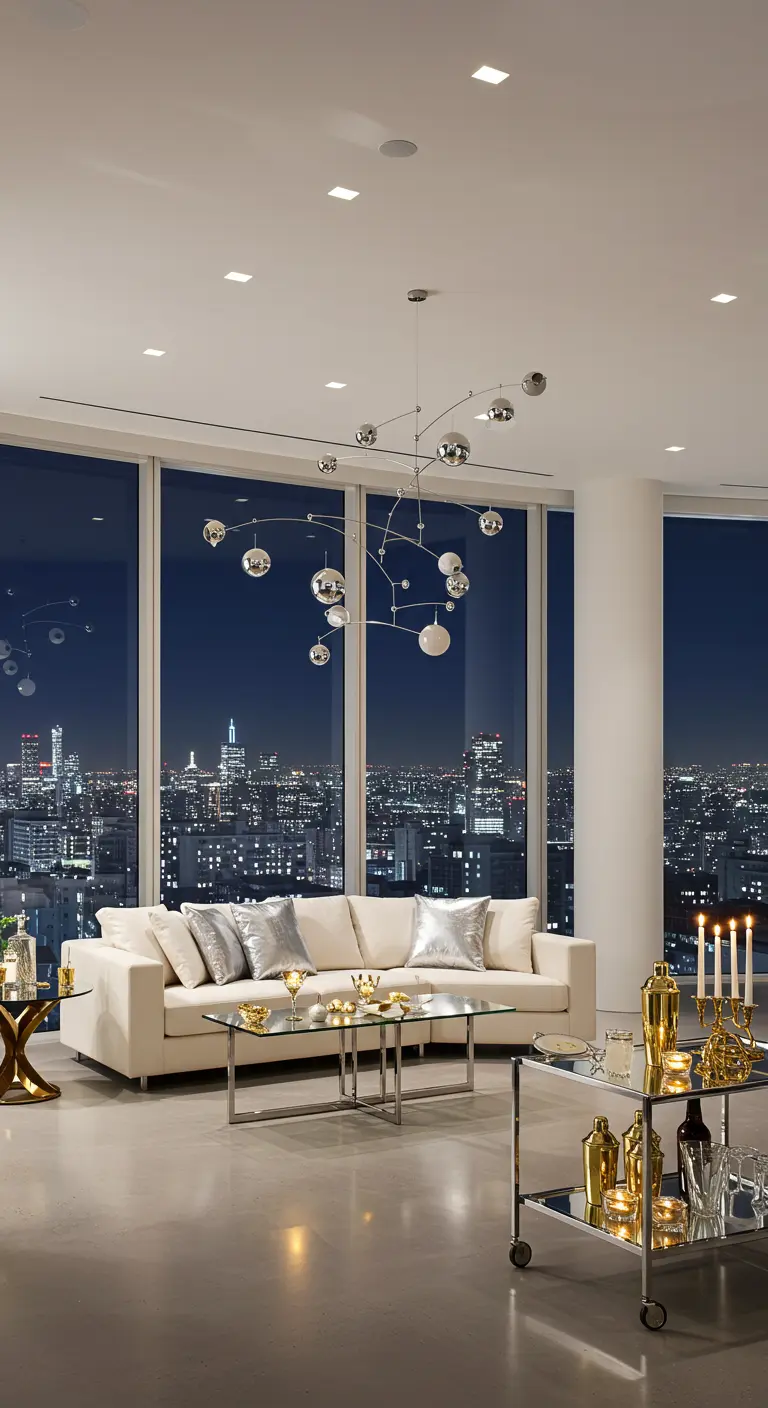 Salón moderno con vistas a la ciudad, cojines plateados y un carrito de bar dorado.