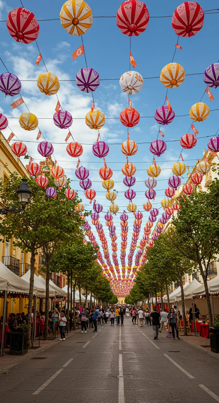 Calle peatonal con hileras de farolillos de papel de colores suspendidos en el aire.