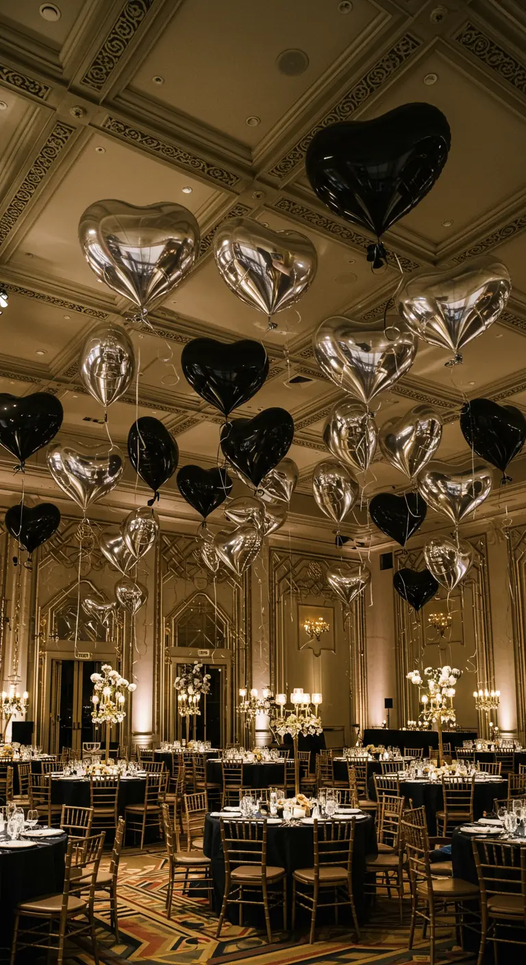 Salón de baile elegante con globos de corazón negros y plateados en el techo.