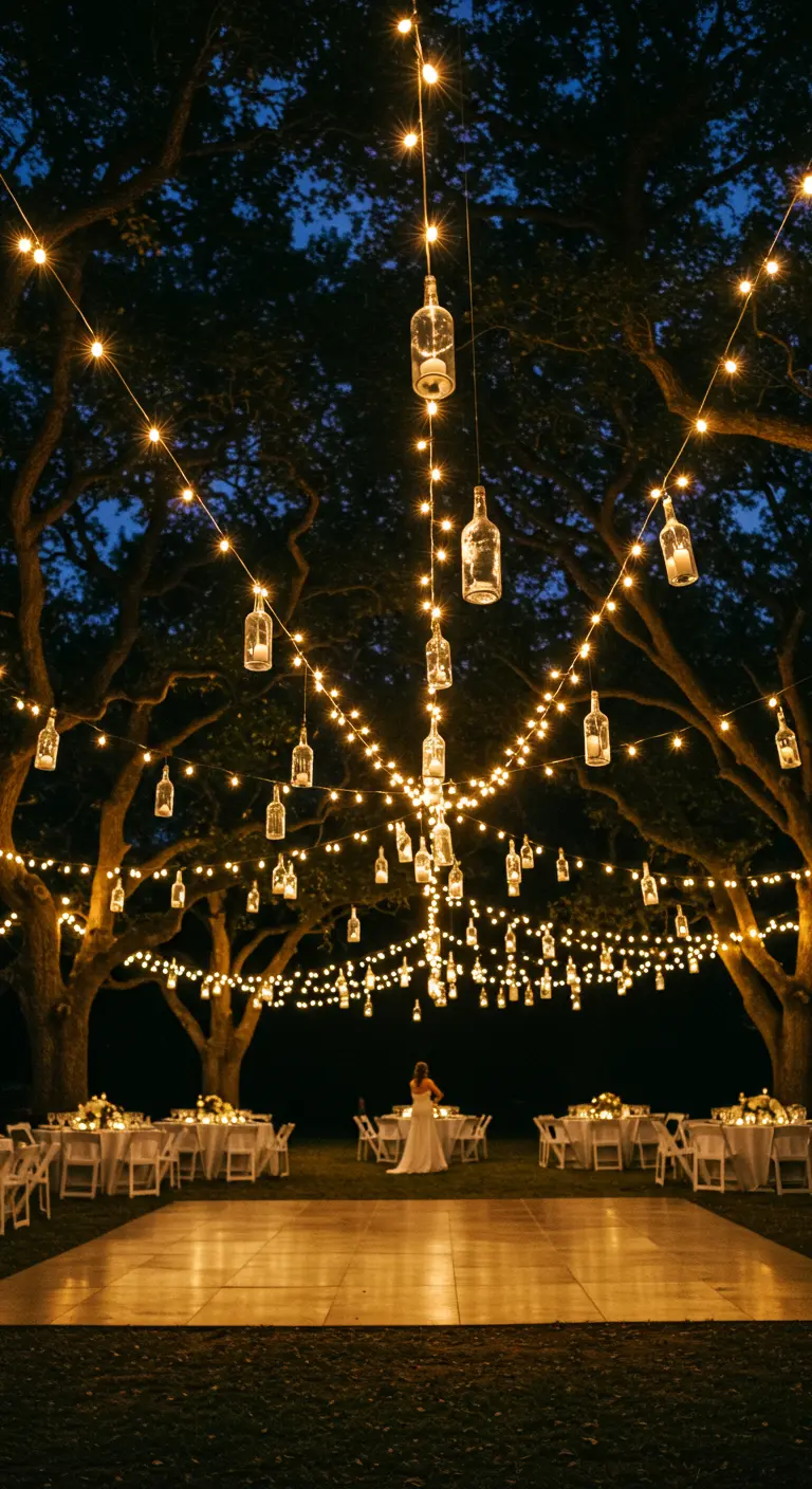 Recepción de boda al aire libre por la noche con guirnaldas de luces y botellas de vidrio colgantes.