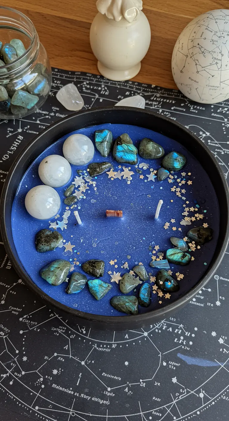 Vela azul oscuro en un recipiente negro con piedras de labradorita y confeti de estrellas.