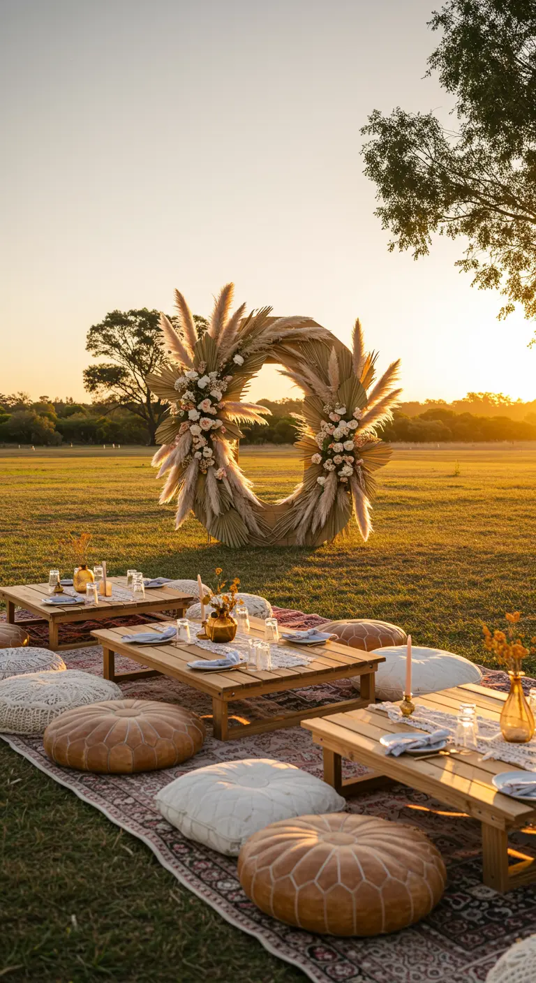 Letra 'O' gigante hecha de hierba de la pampa y flores en un campo al atardecer.