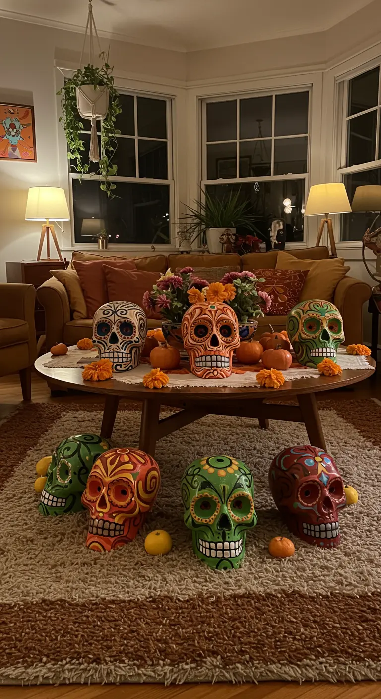 Grupo de calaveras coloridas dispuestas en círculo sobre una alfombra en una sala.