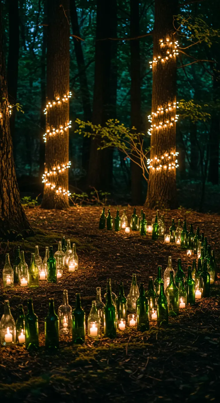 Un círculo de botellas de vino verdes con velas en el suelo de un bosque nocturno.