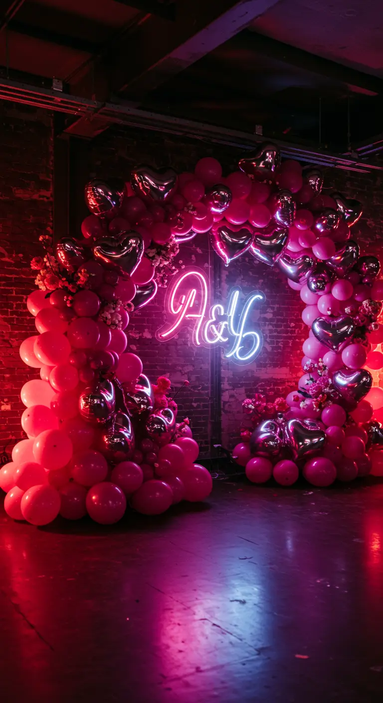Arco circular de globos rosas y plateados con un letrero de neón de iniciales en el centro.