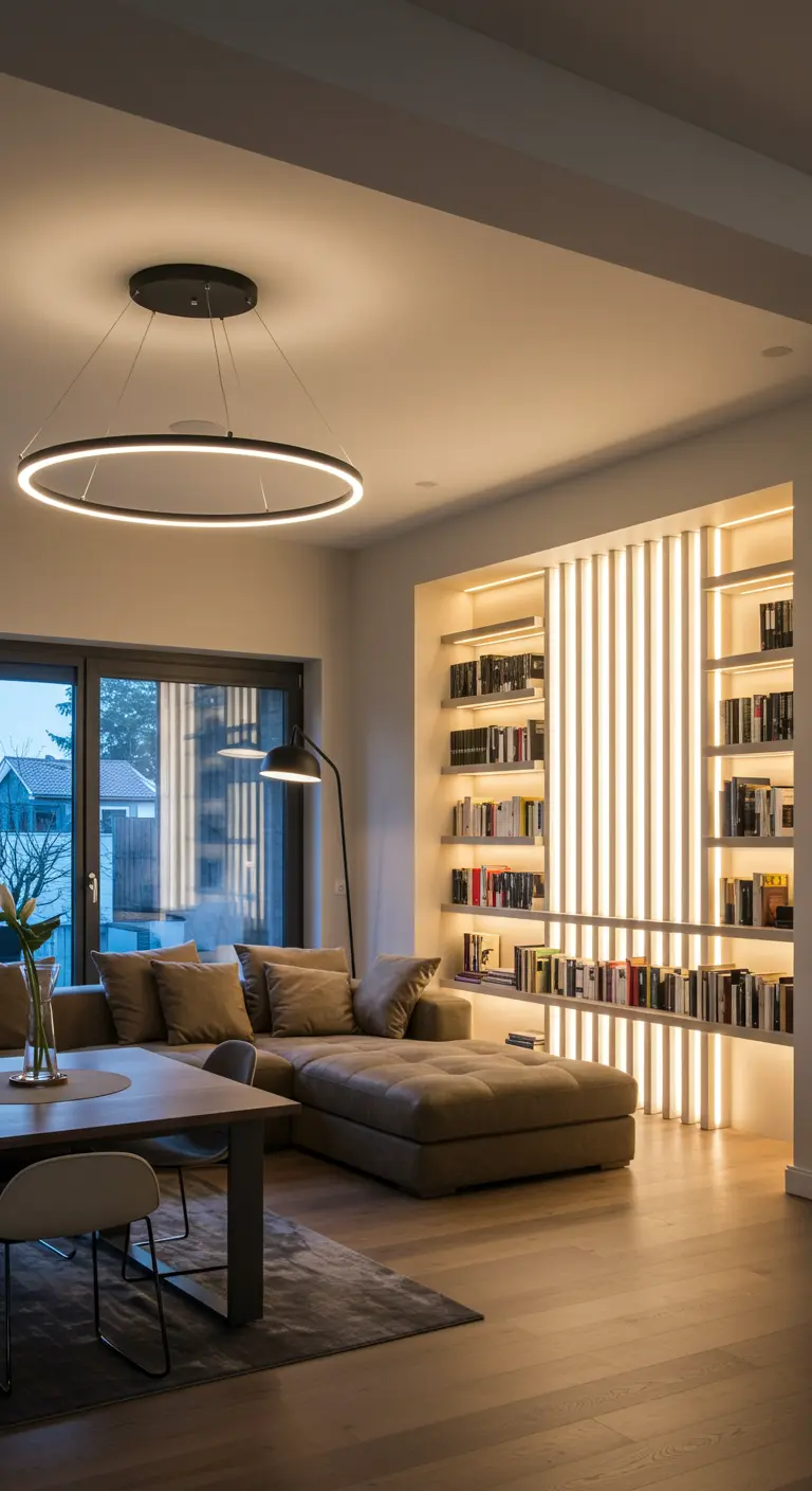Sala de estar moderna con una gran lámpara LED circular y estanterías con iluminación LED vertical.
