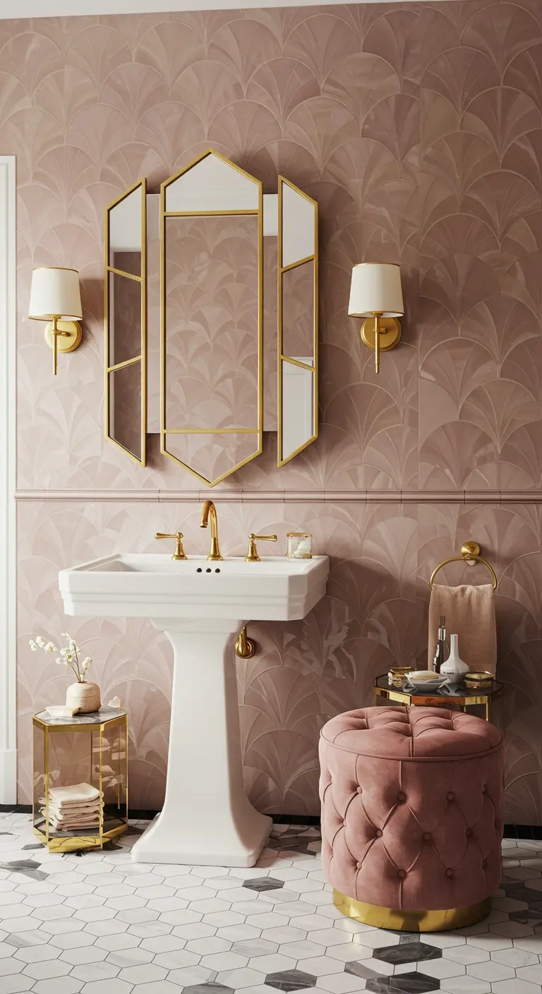 Baño Art Déco con azulejos rosa en forma de abanico y espejo dorado geométrico.