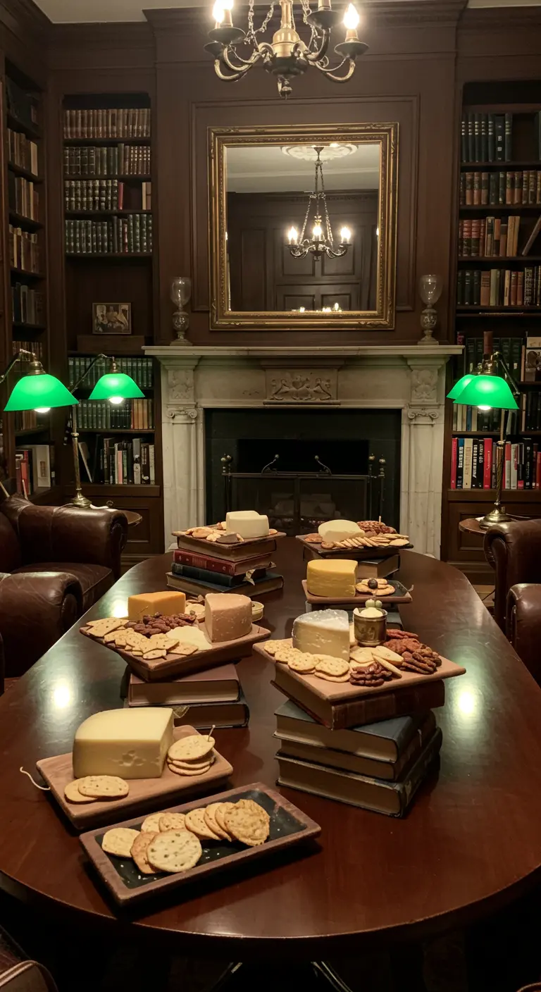 Mesa de madera en una biblioteca clásica con quesos sobre pilas de libros.