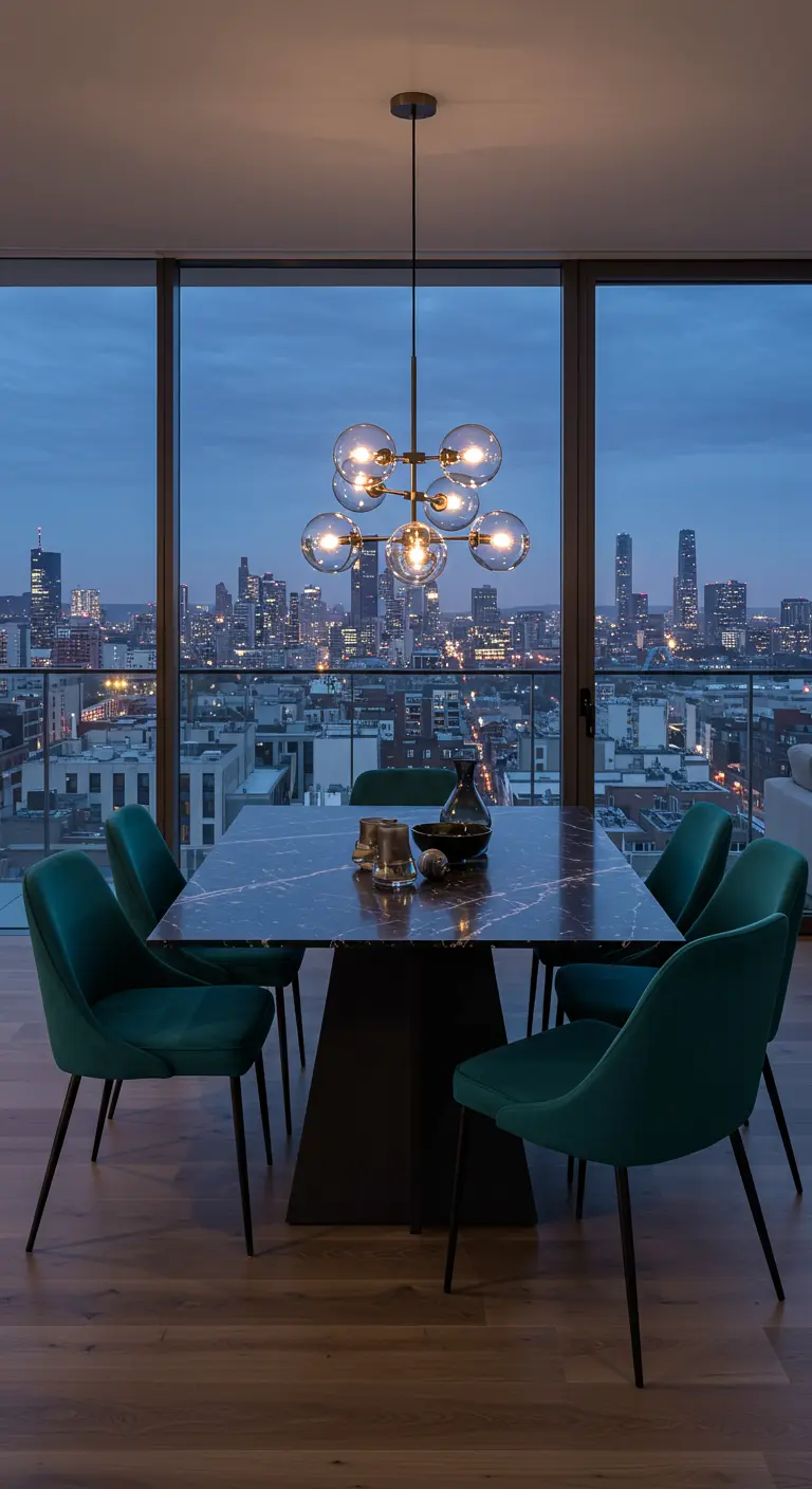 Comedor moderno en un ático con sillas de terciopelo verde azulado y vistas a la ciudad