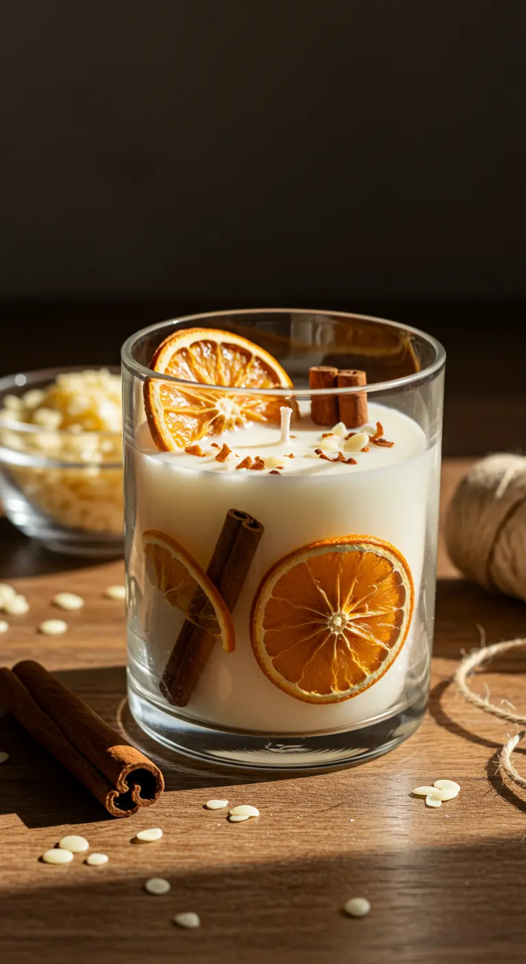 Vela casera en vaso de cristal con rodajas de naranja seca y canela.