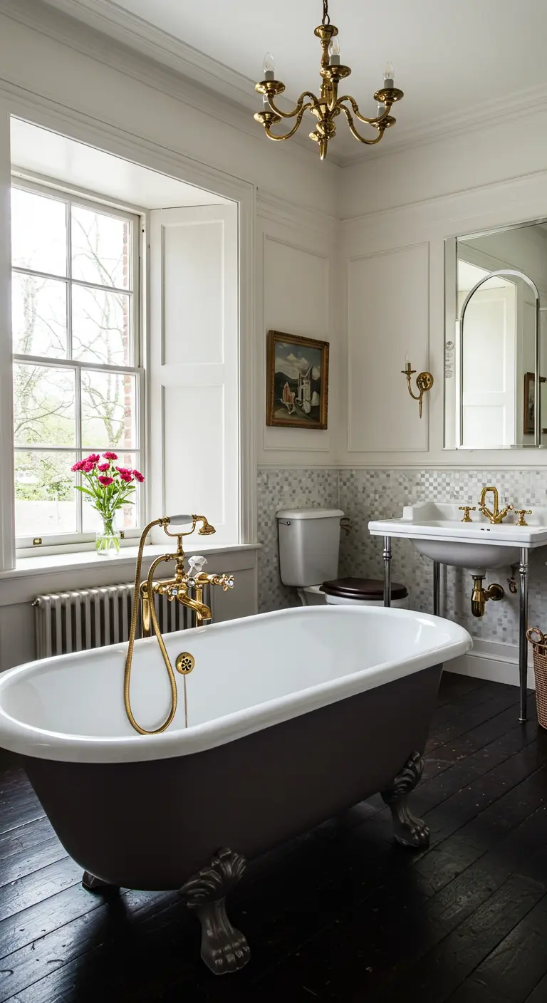 Baño clásico con bañera oscura con patas, suelo de madera y flores rosas.