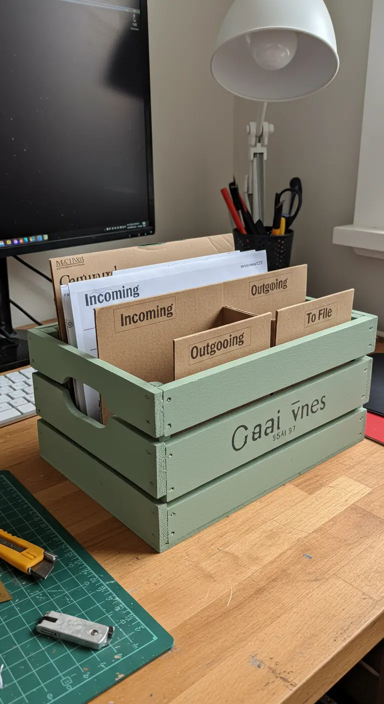 Caja de vino pintada de verde con separadores para organizar documentos.