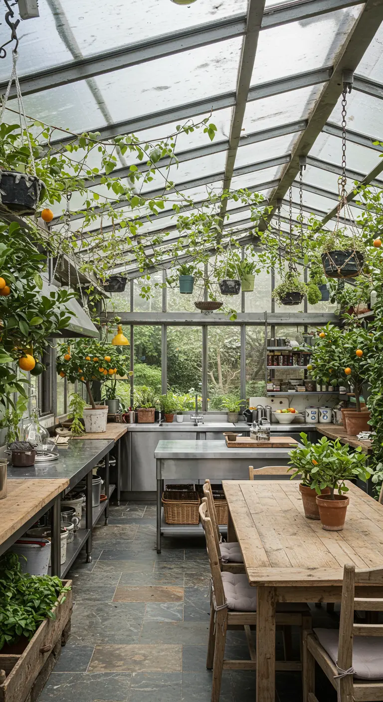 Cocina ubicada dentro de un invernadero de cristal y metal, rodeada de plantas y árboles frutales.