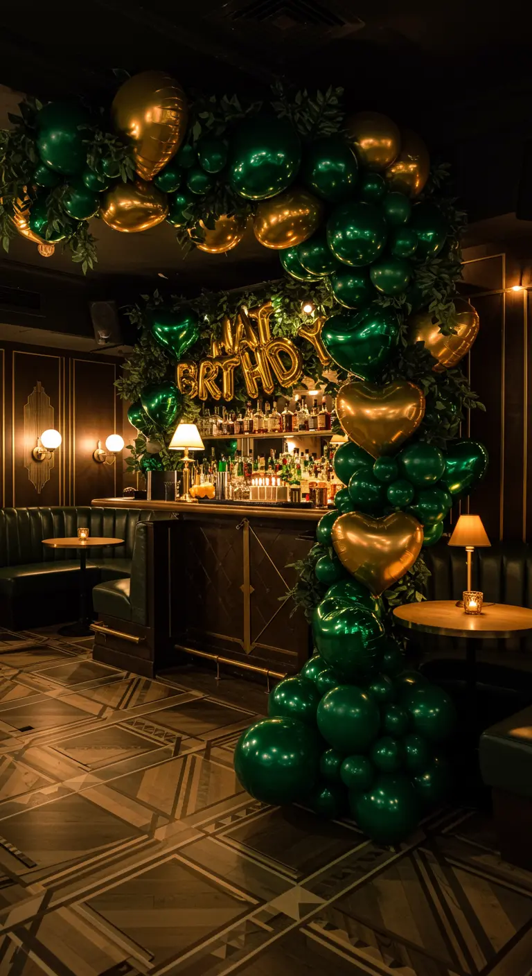 Arco de globos verdes y dorados con corazones sobre la barra de un bar elegante.