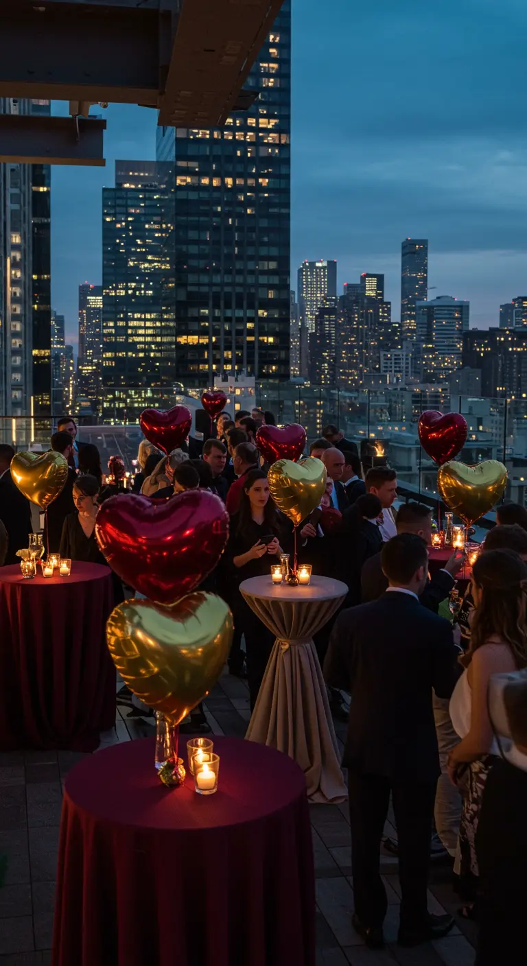Mesas de cóctel en una azotea decoradas con pequeños ramos de globos de corazón.