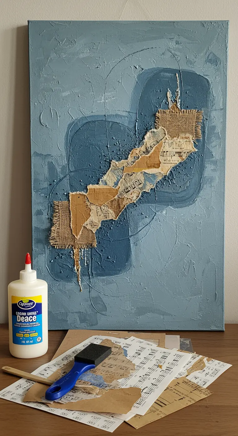 Collage sobre lienzo azul con trozos de partituras, papel envejecido y tela de arpillera.