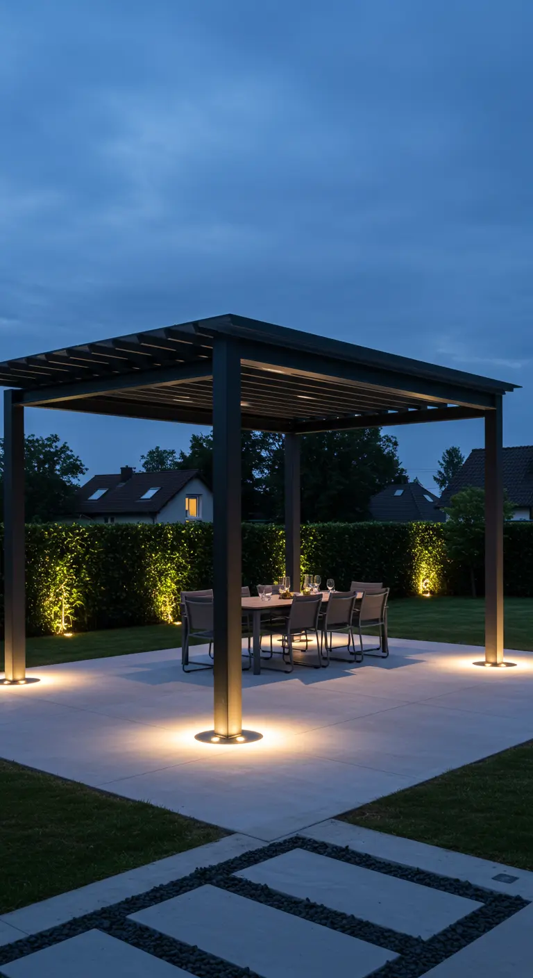 Pérgola moderna en un jardín con focos en la base de las columnas, iluminando una mesa de comedor