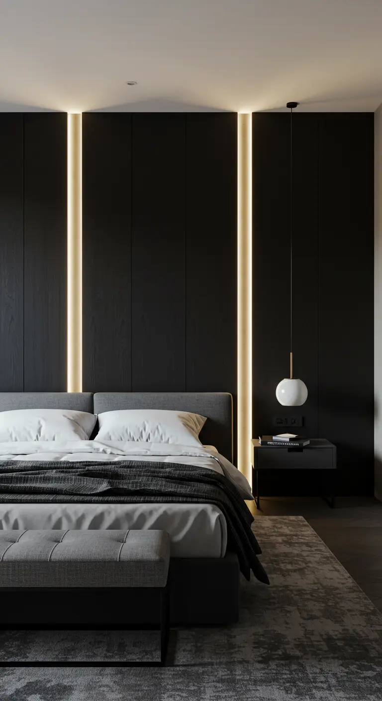 Dormitorio moderno con paneles de pared oscuros y dos líneas verticales de luz LED.