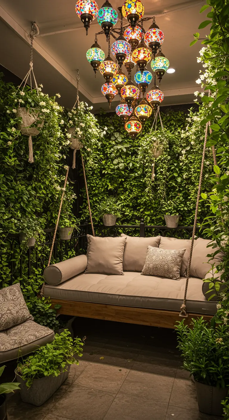 Patio con un sofá columpio de madera rodeado de un muro verde y un racimo de lámparas de mosaico