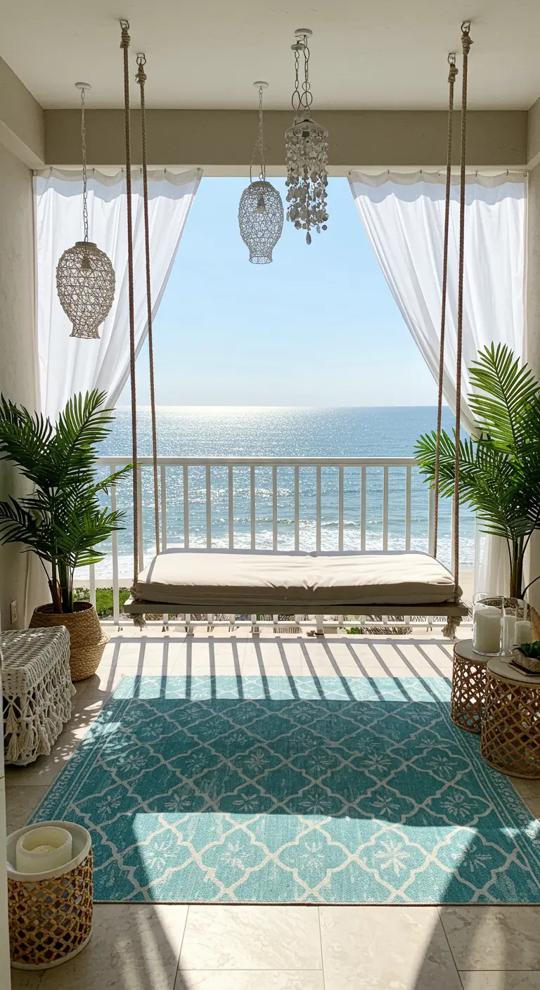 Balcón con columpio de madera frente al mar, cortinas blancas y alfombra turquesa