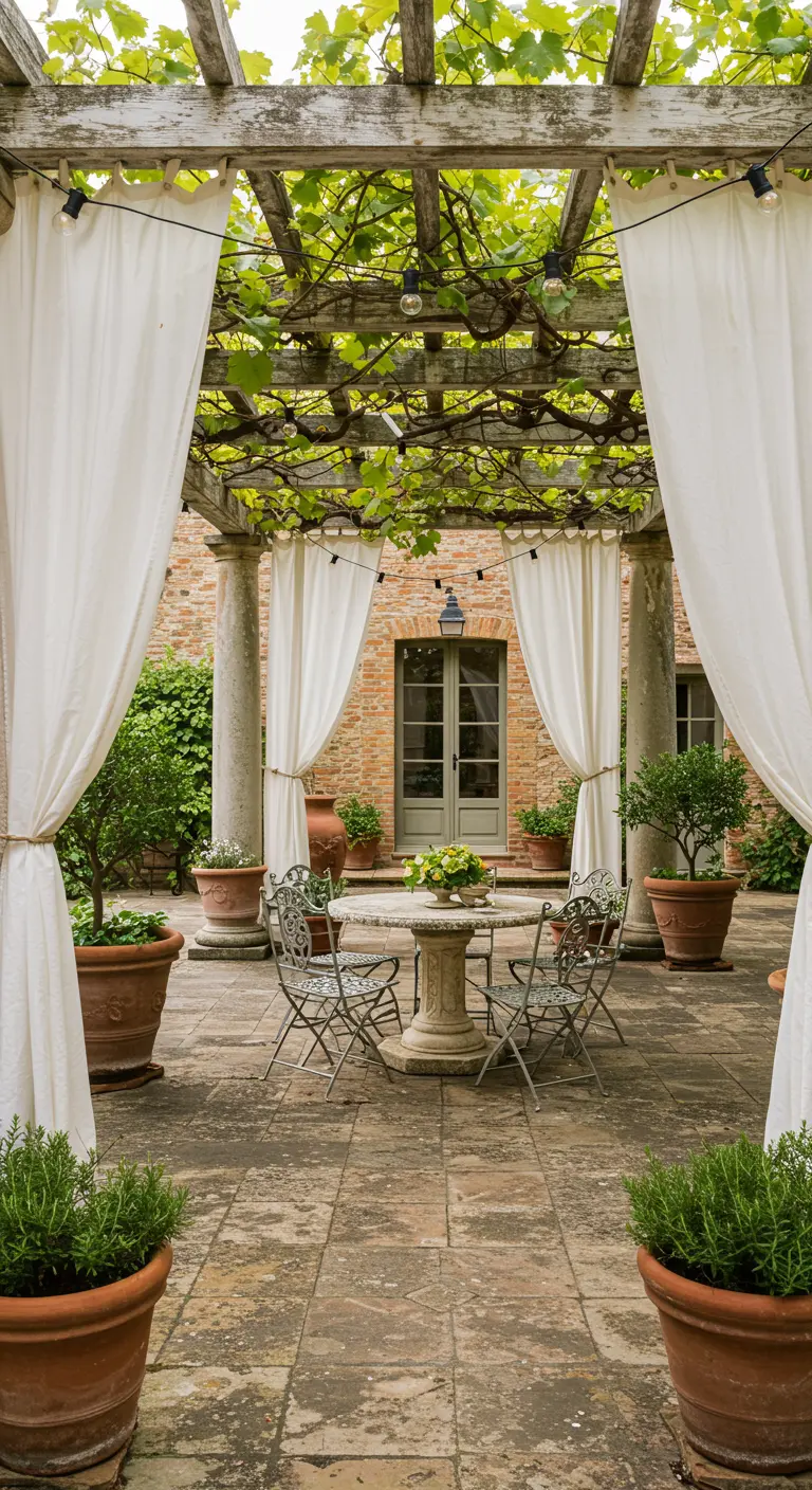 Patio de estilo toscano con pérgola de madera cubierta de vegetación y mesa de piedra.