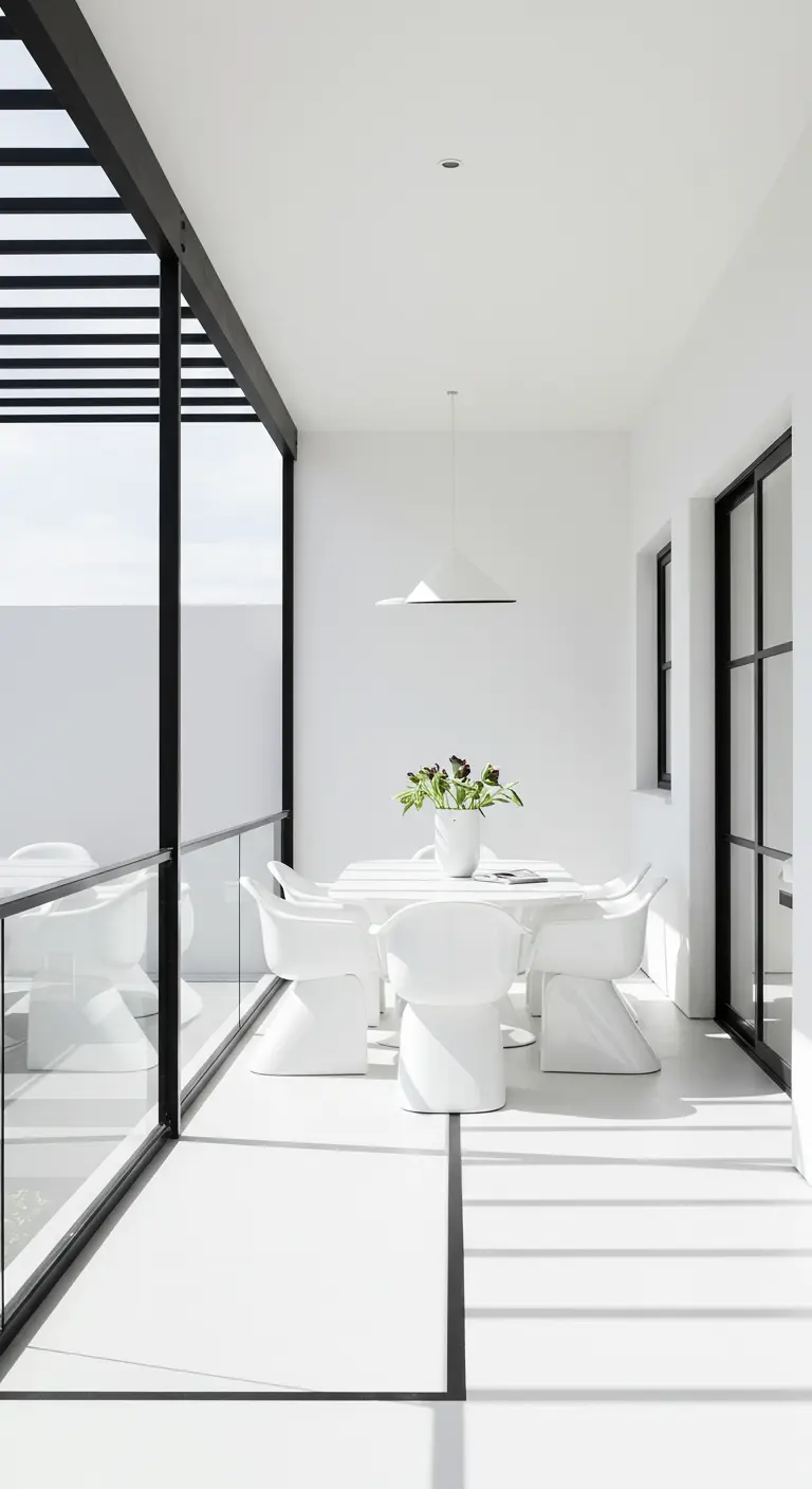 Comedor exterior totalmente blanco con mesa y sillas de diseño bajo una estructura negra.