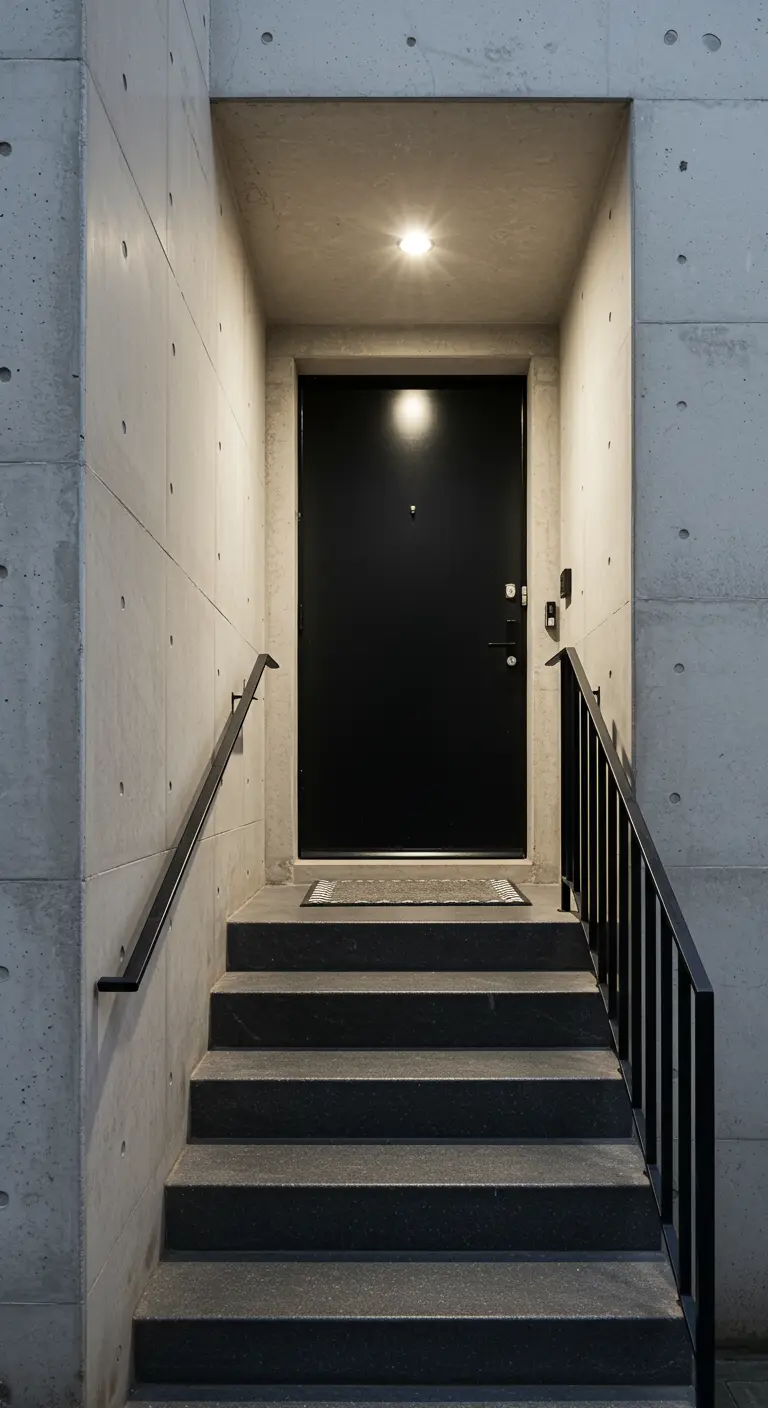 Entrada de hormigón visto con una puerta negra, escaleras y barandilla metálica minimalista