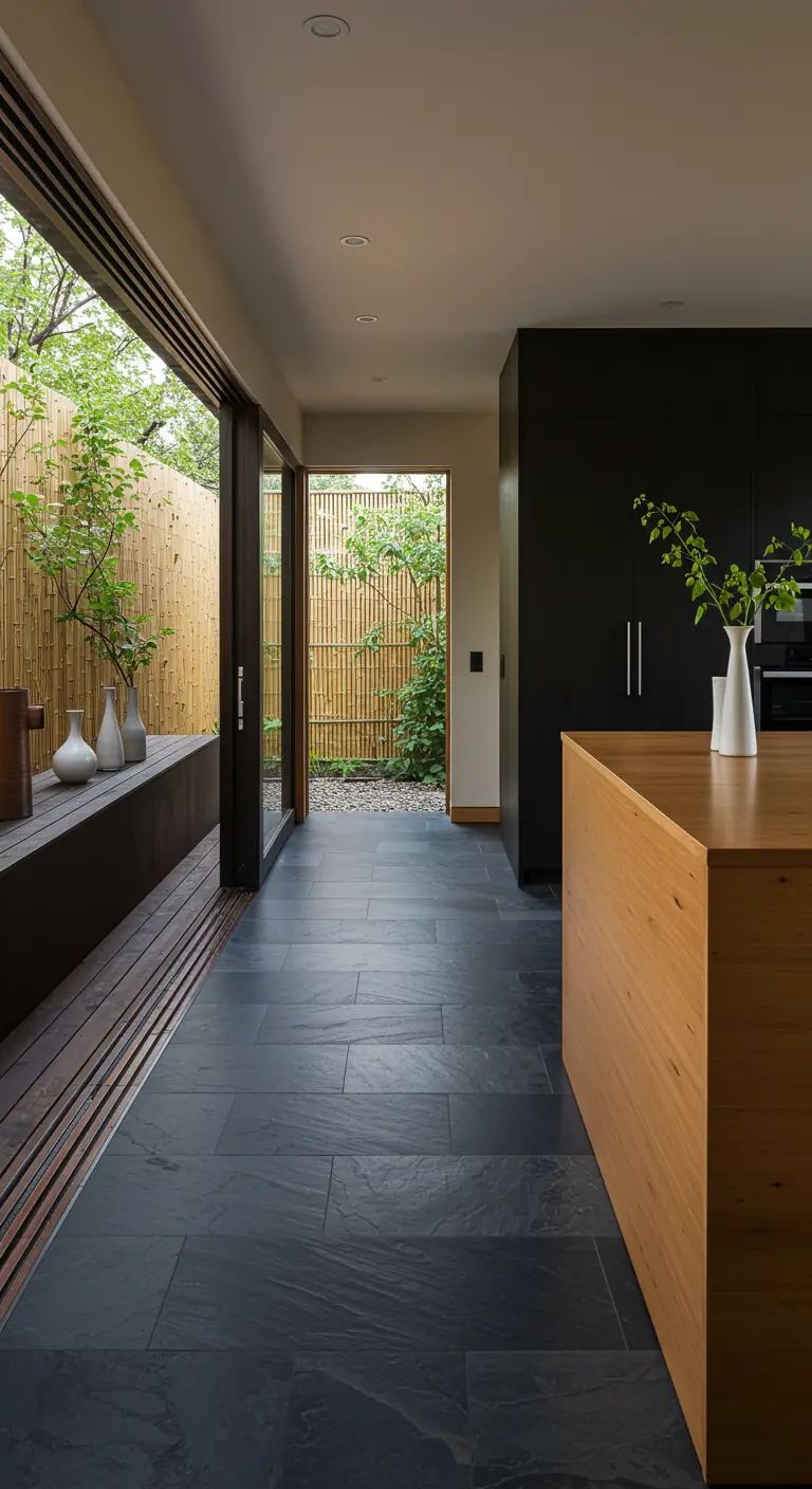 Cocina moderna con isla de madera, armarios negros y una gran puerta de cristal abierta a un patio.