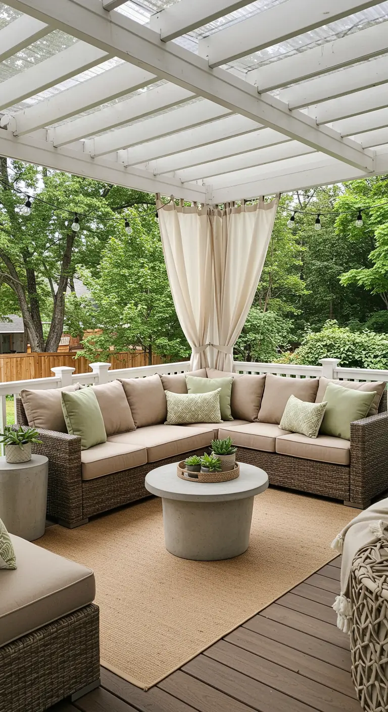 Porche cubierto con pérgola, un gran sofá esquinero en tonos beige y cortinas recogidas.