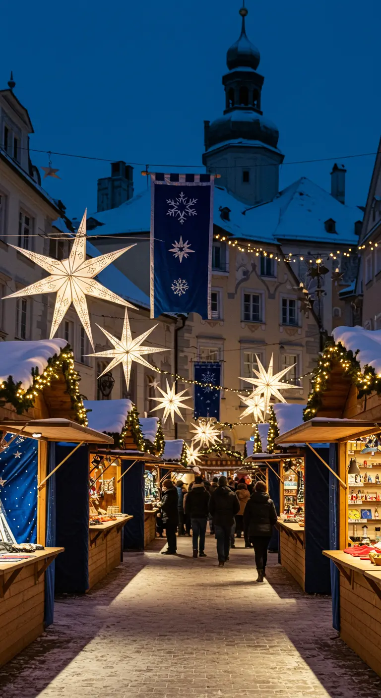 Mercado navideño de noche con grandes estrellas iluminadas colgando sobre los puestos.