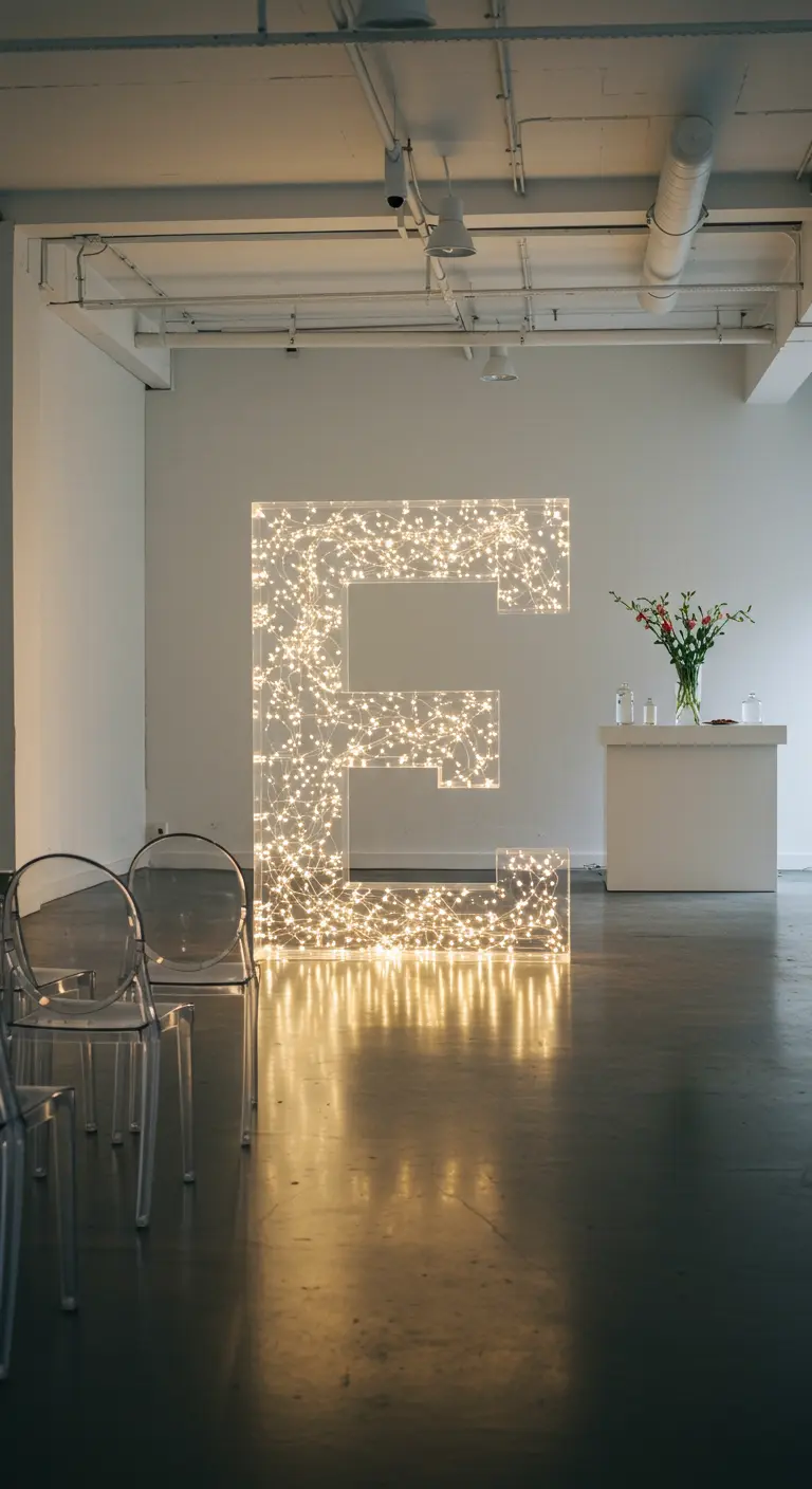 Letra 'E' gigante hecha con una maraña de luces de hadas blancas en una sala minimalista.
