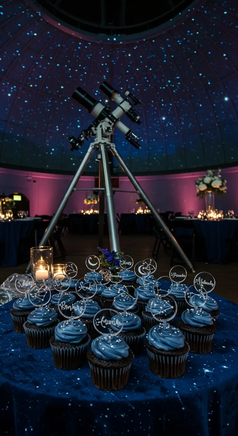 Cupcakes con frosting azul y toppers de constelaciones bajo una cúpula de estrellas.
