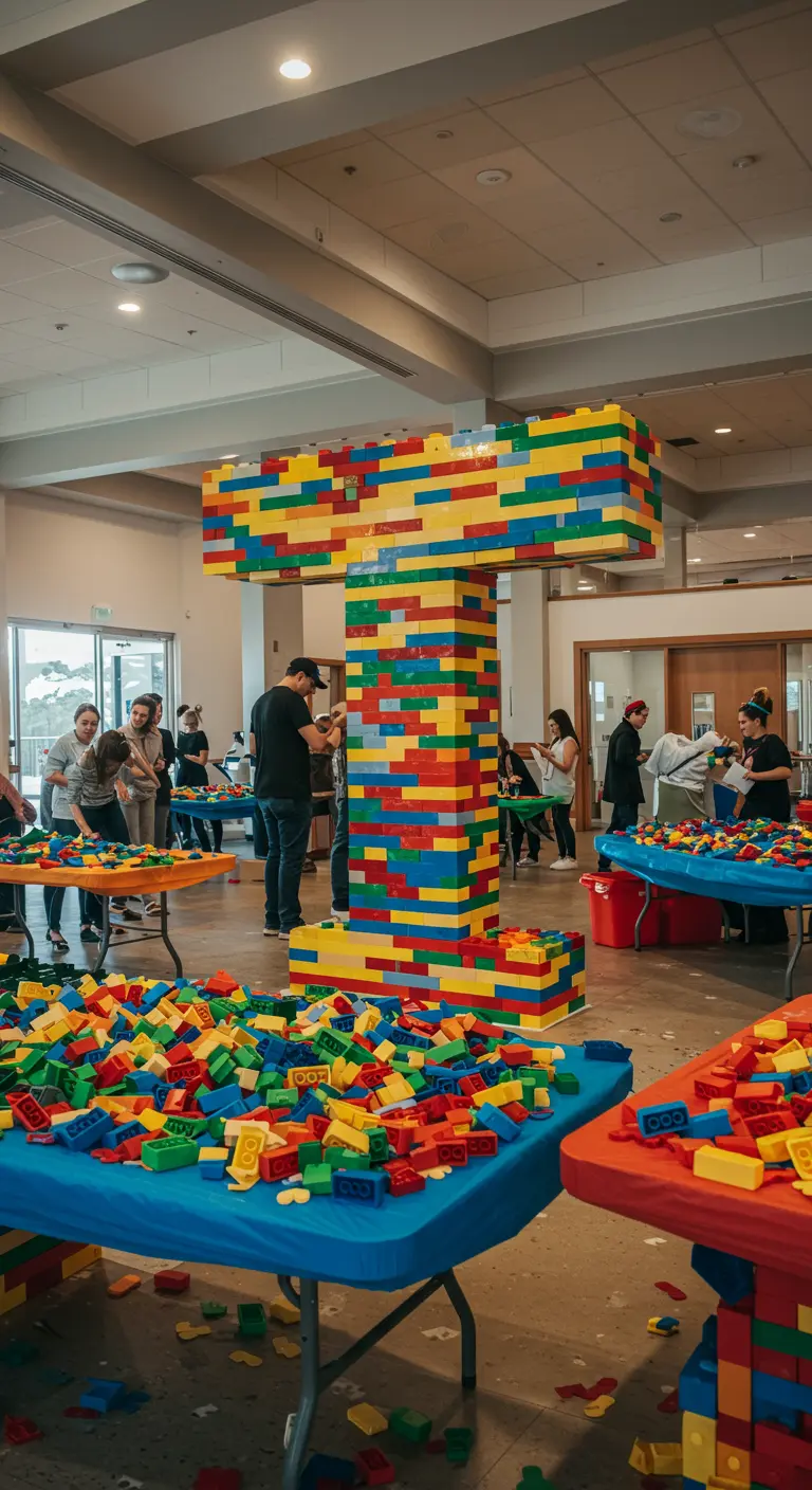 Letra 'T' gigante construida con bloques de Lego de colores en medio de una sala.