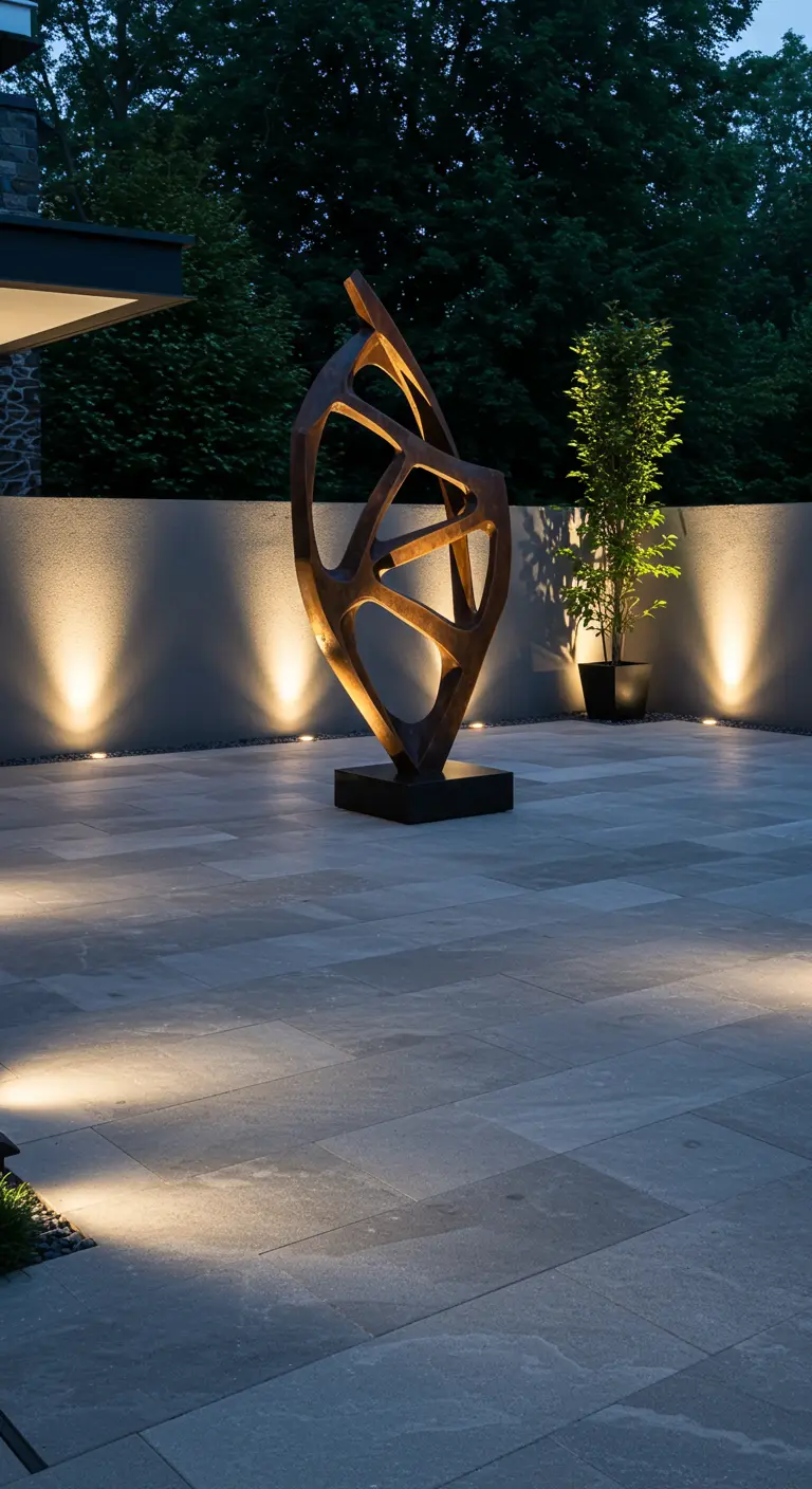 Una escultura moderna de metal en un patio de baldosas, iluminada de forma dramática por varios focos de suelo