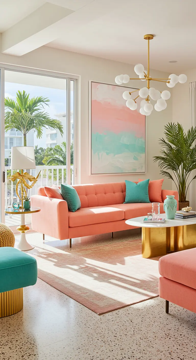 Sofá color coral en una sala de estar luminosa de estilo Miami con detalles dorados y turquesas