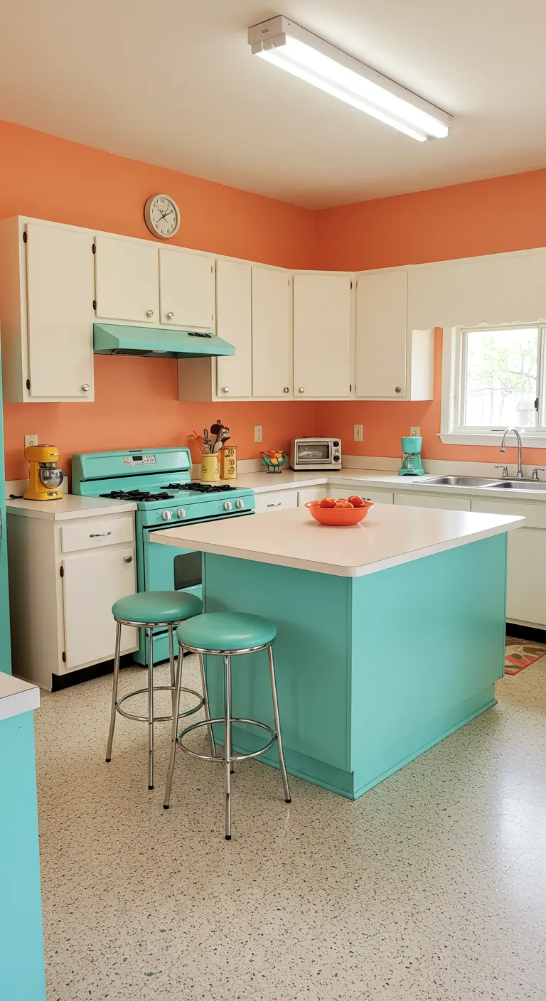 Cocina retro con paredes de color coral y una isla y electrodomésticos en turquesa.