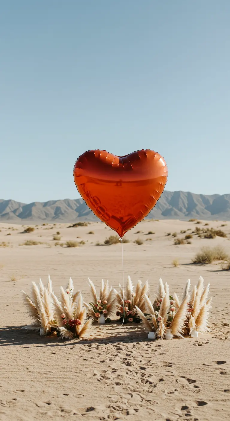 Un solo globo de corazón rojo en medio del desierto, rodeado de hierba de la pampa.